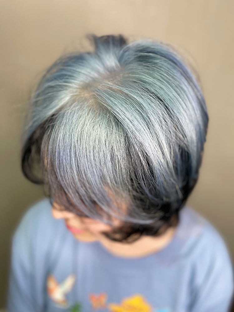 Silver and purple highlighted hair